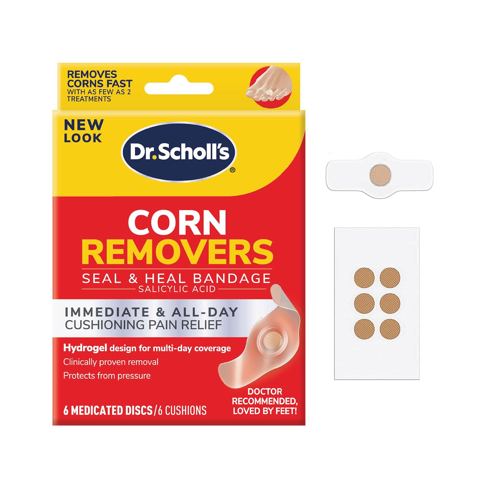 Dr. Scholl's empaque frontal mostrando 6 parches y beneficios de alivio