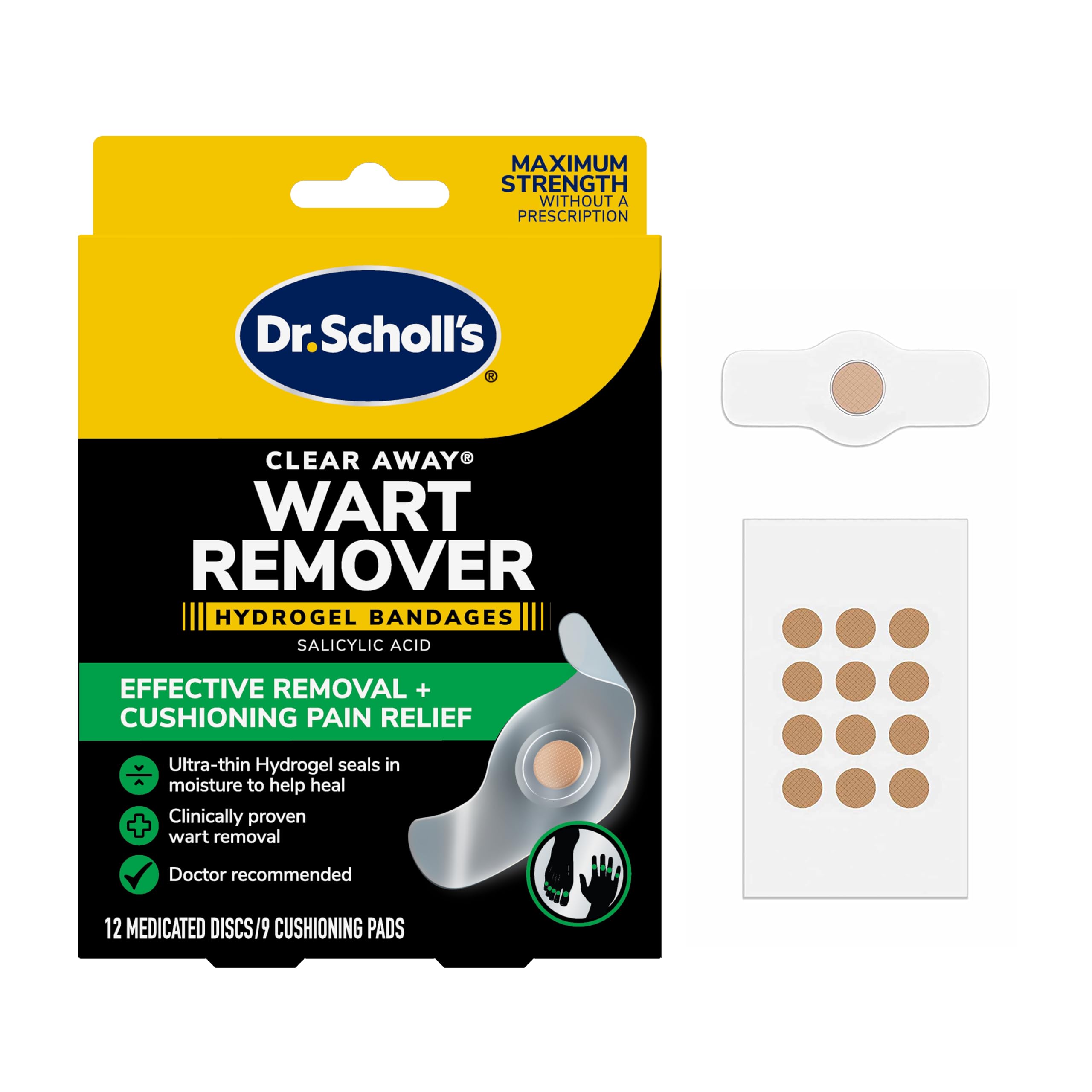 Dr. Scholl's imagen frontal del paquete mostrando parches y marca, respuesta rápida