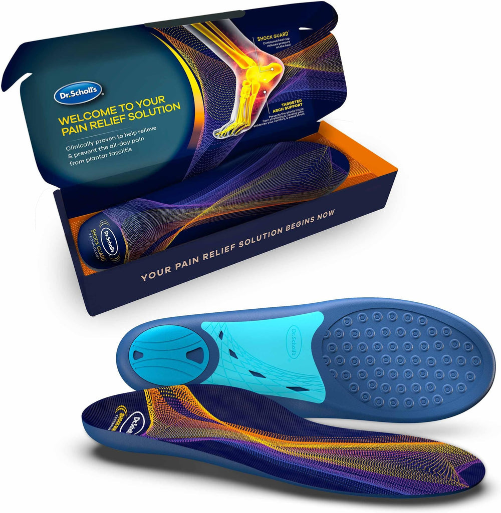 Dr. Scholl's vista frontal del empaque mostrando alivio para fascitis planta
