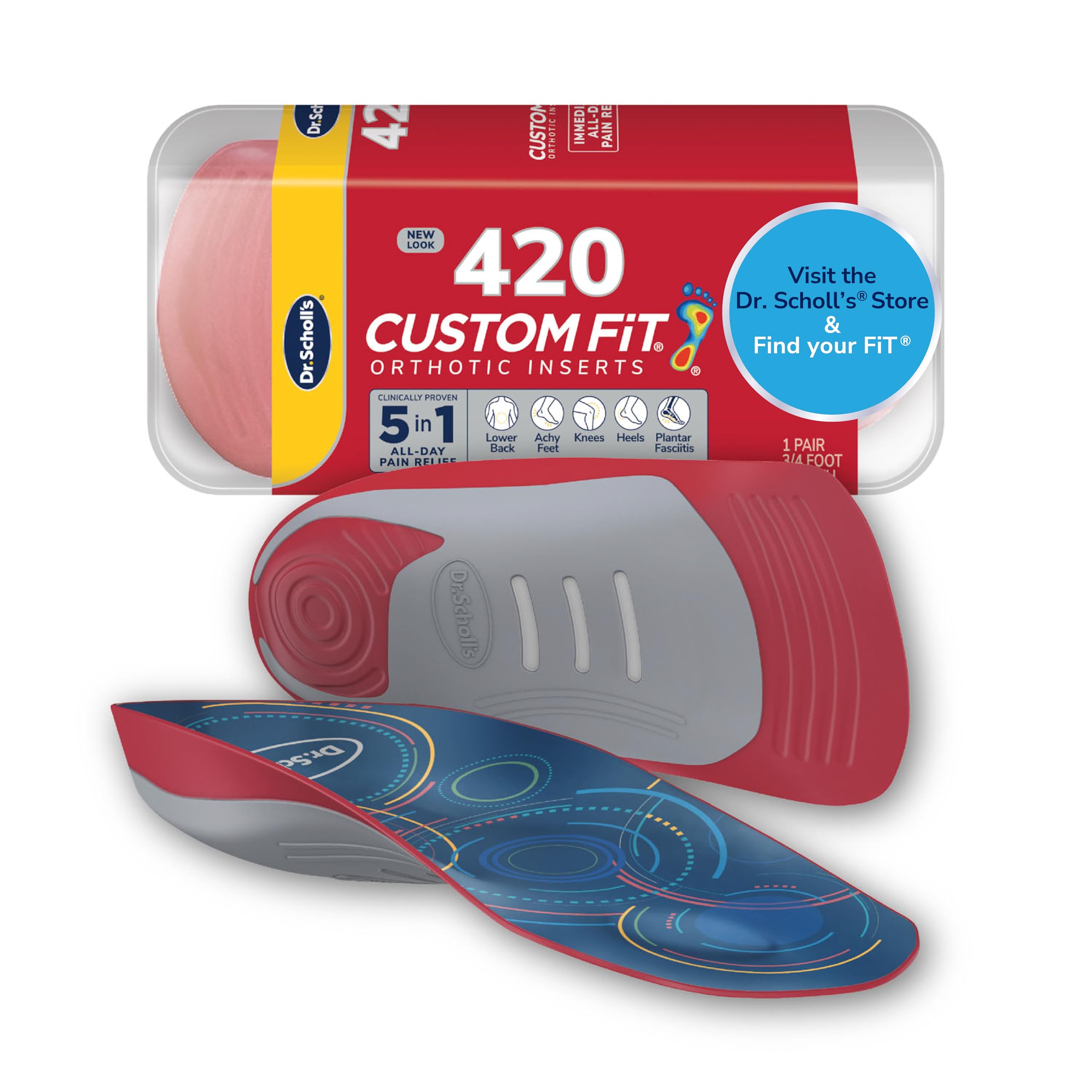 Dr. Scholl's empaque frontal mostrando plantillas y beneficios visibles