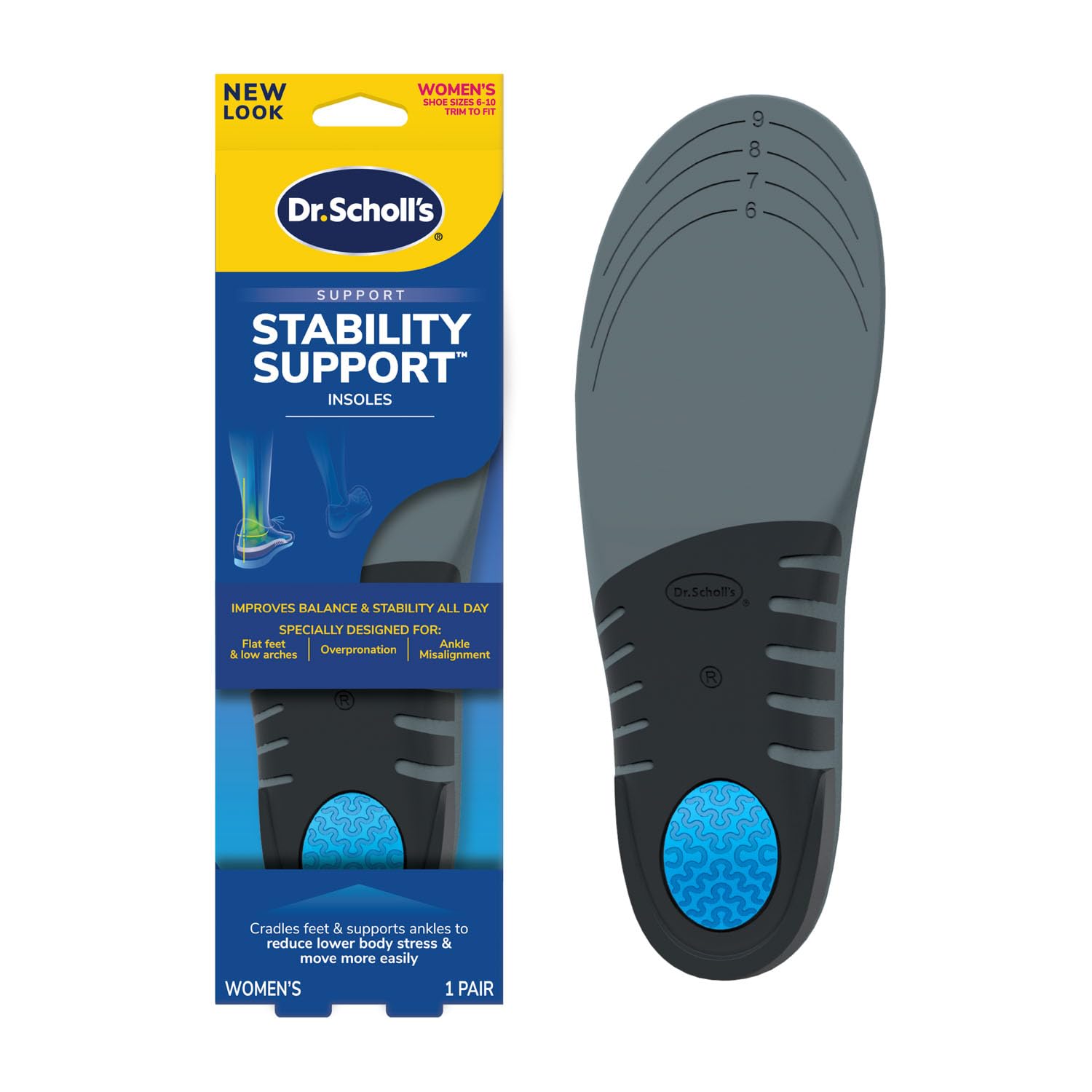 Dr. Scholl’s empaque frontal mostrando plantillas y beneficio de soporte inmediato