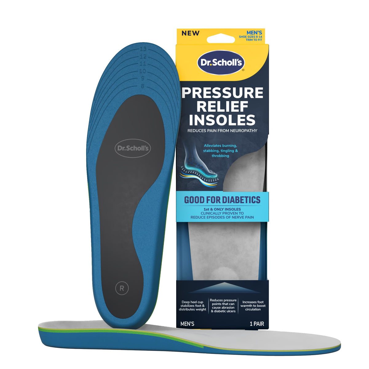Dr. Scholl’s vista frontal del empaque y beneficio de alivio inmediato