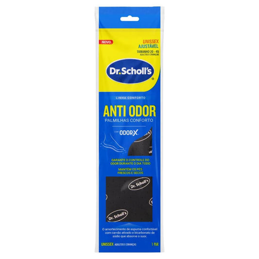 Dr. Scholl's plantilla frontal en paquete mostrando ajuste recortable y confort duradero