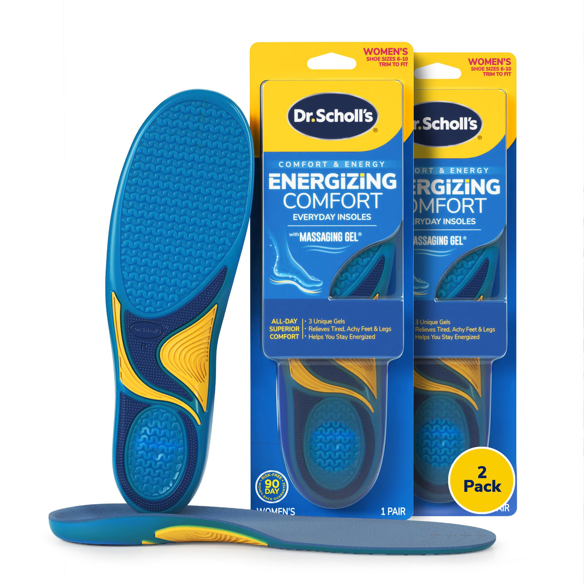 Dr. Scholl's empaquetado frontal mostrando 2 pares y beneficio de comodidad prolongada