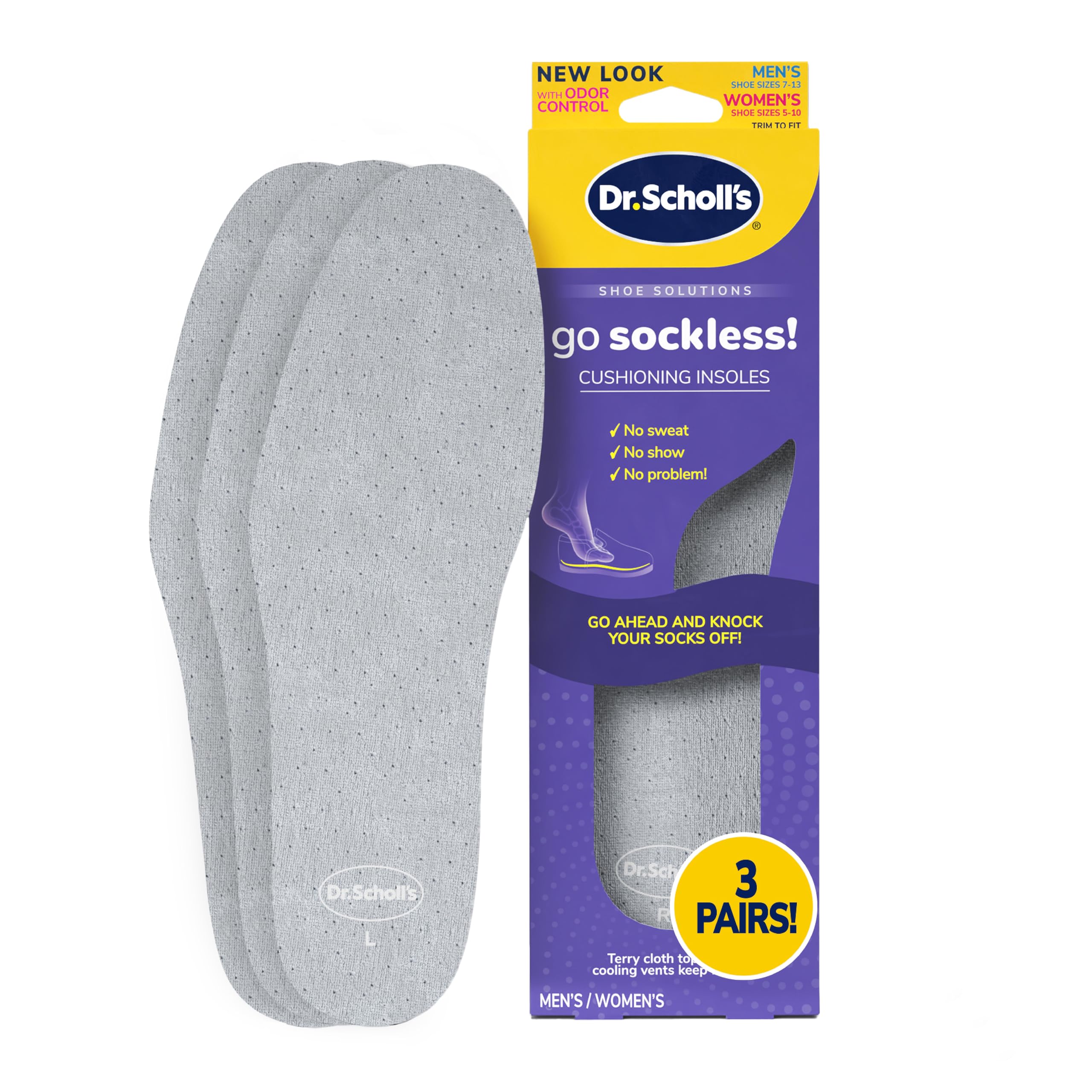 Dr. Scholl's empaque frontal mostrando tres pares y beneficio de comodidad
