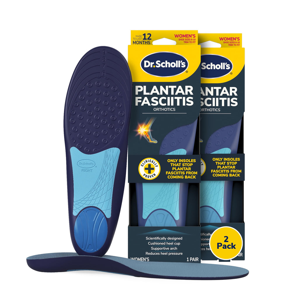 Dr. Scholl’s vista frontal del empaque mostrando soporte y beneficio anti dolor