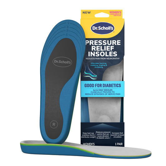 Dr. Scholl’s empaque frontal mostrando plantillas y beneficio de alivio