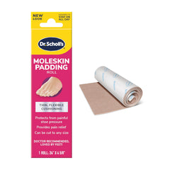 Dr. Scholl's embalaje frontal mostrando el rollo y beneficios rápidos