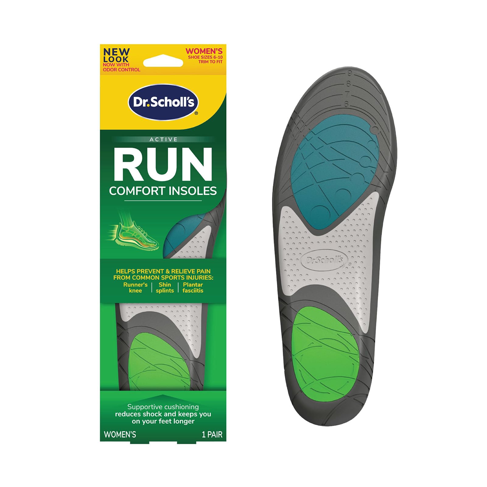 Dr. Scholl's vista frontal del par en embalaje, ofrece confort inmediato