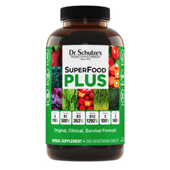 Dr. Schulze's SuperFood Plus frente del envase mostrando cantidad y diseño, conveniencia de suministro