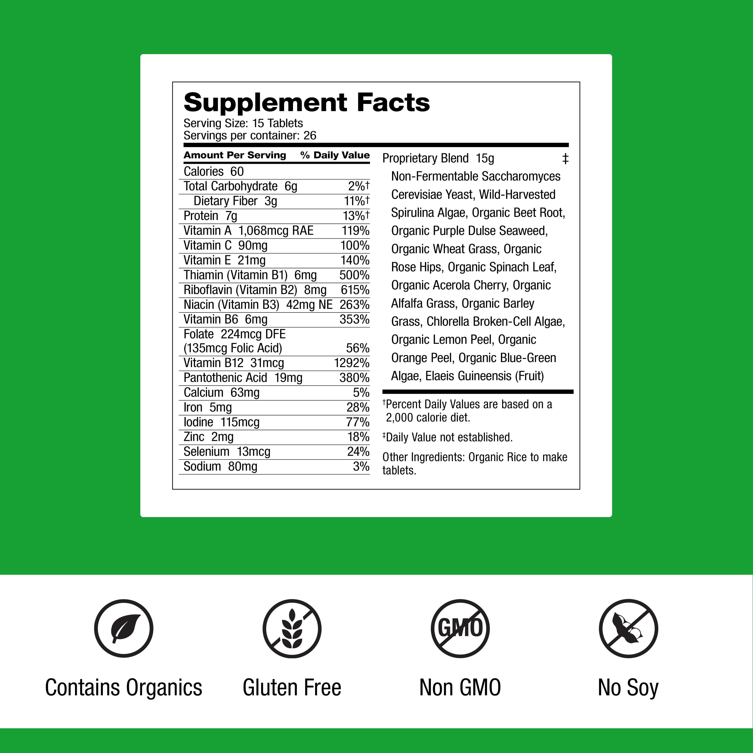 Dr. Schulze's SuperFood Plus tabletas apiladas en primer plano, fácil de tomar y portable