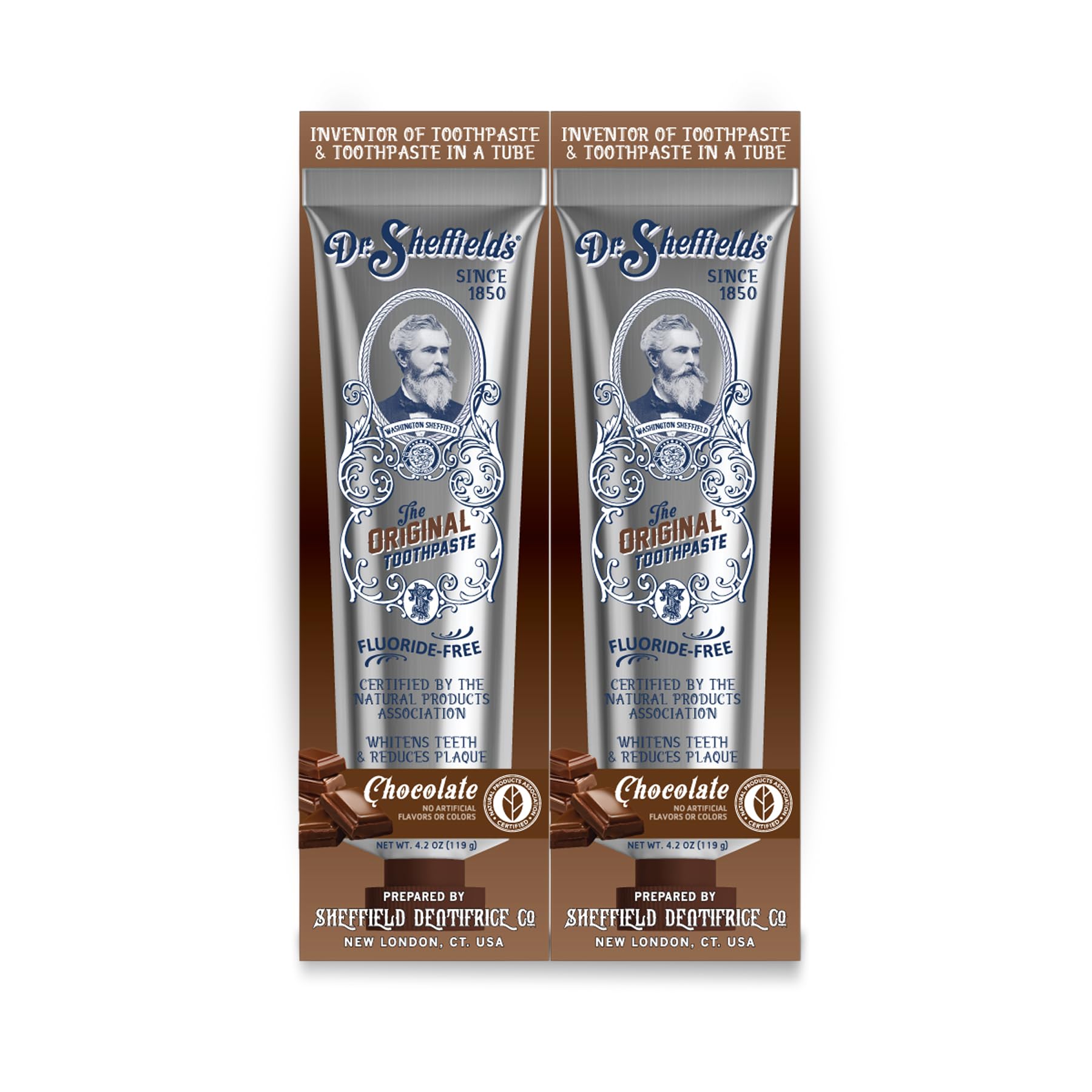 Dr. Sheffield's vista frontal del empaque mostrando sabor chocolate y pack de 2, confianza natural