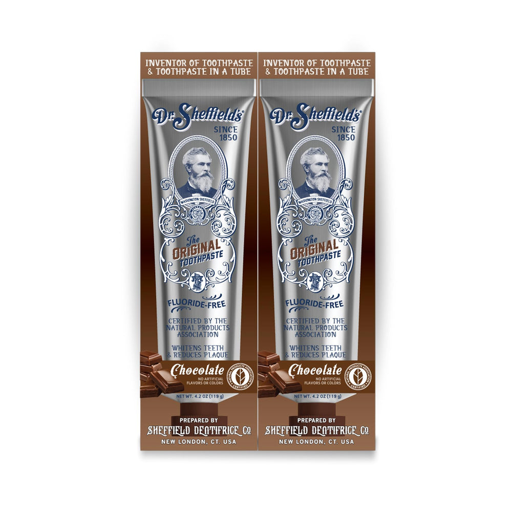 Dr. Sheffield's vista frontal del empaque mostrando sabor chocolate y pack de 2, confianza natural