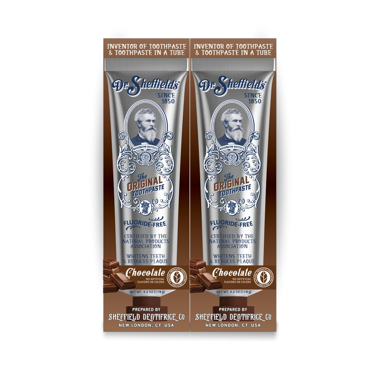 Dr. Sheffield's vista frontal del empaque mostrando sabor chocolate y pack de 2, confianza natural