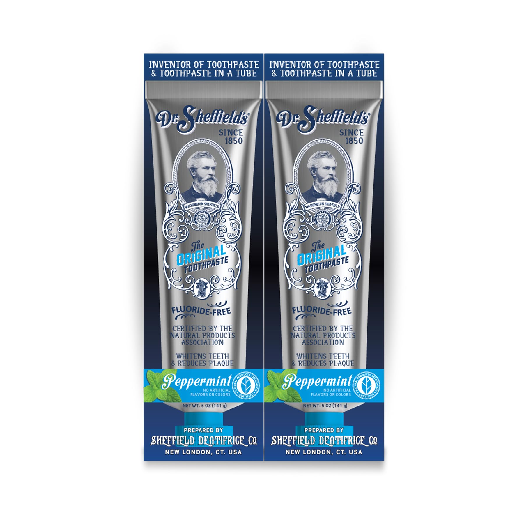 Dr. Sheffield's frente del empaque mostrando marca y menta, claridad del producto