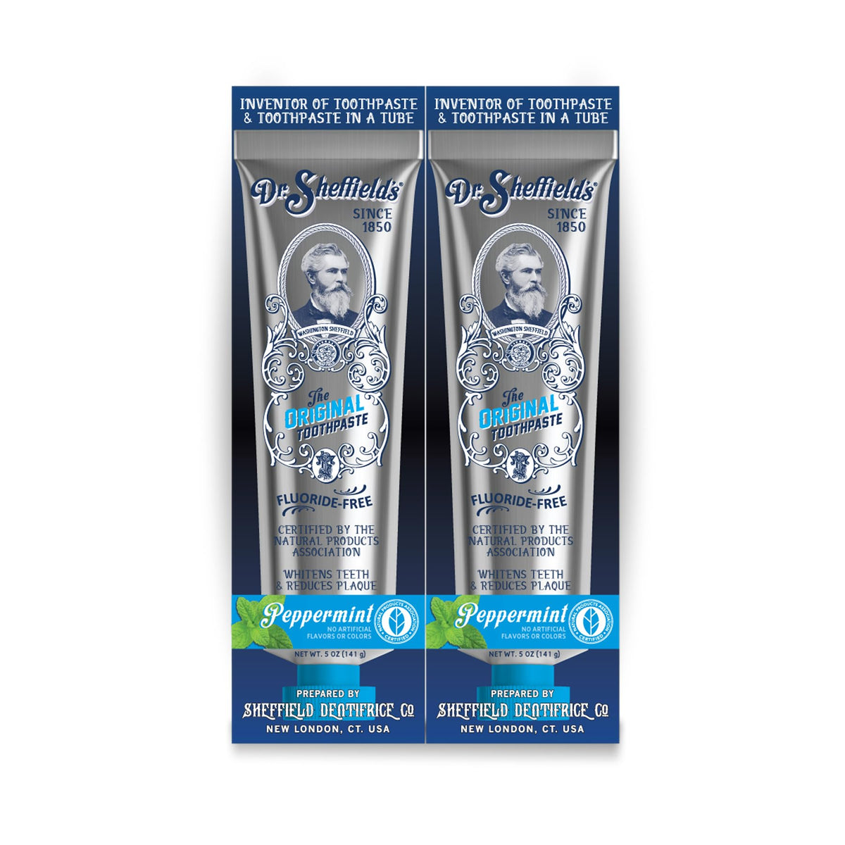 Dr. Sheffield's frente del empaque mostrando marca y menta, claridad del producto