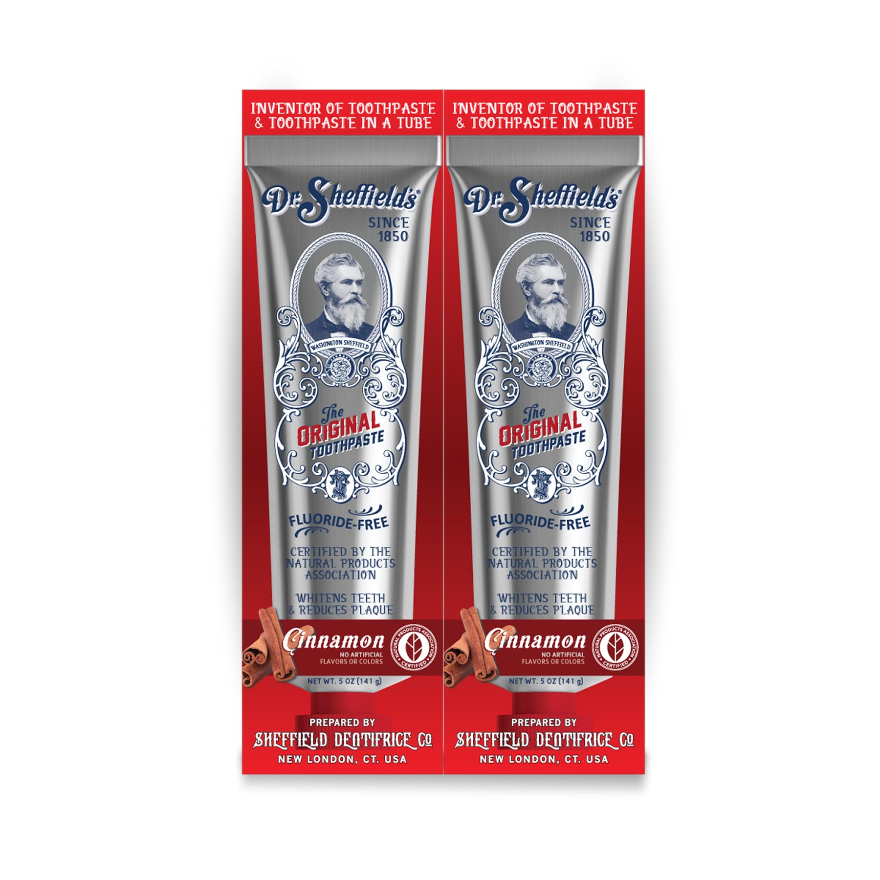 Dr. Sheffield's tubo frontal con sabor canela mostrando diseño y beneficio natural