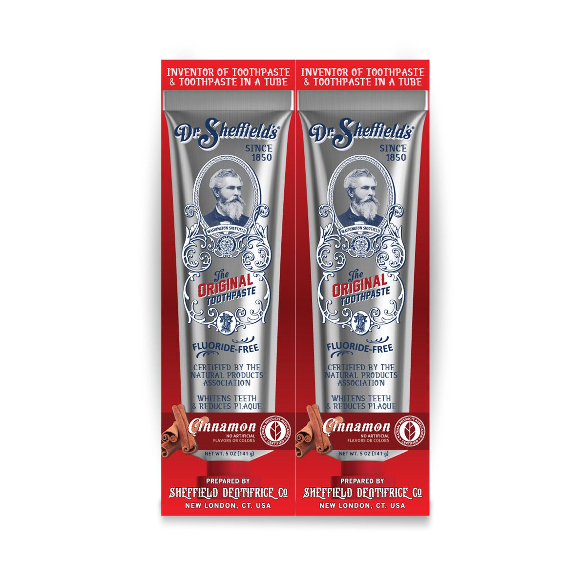 Dr. Sheffield's tubo frontal con sabor canela mostrando diseño y beneficio natural