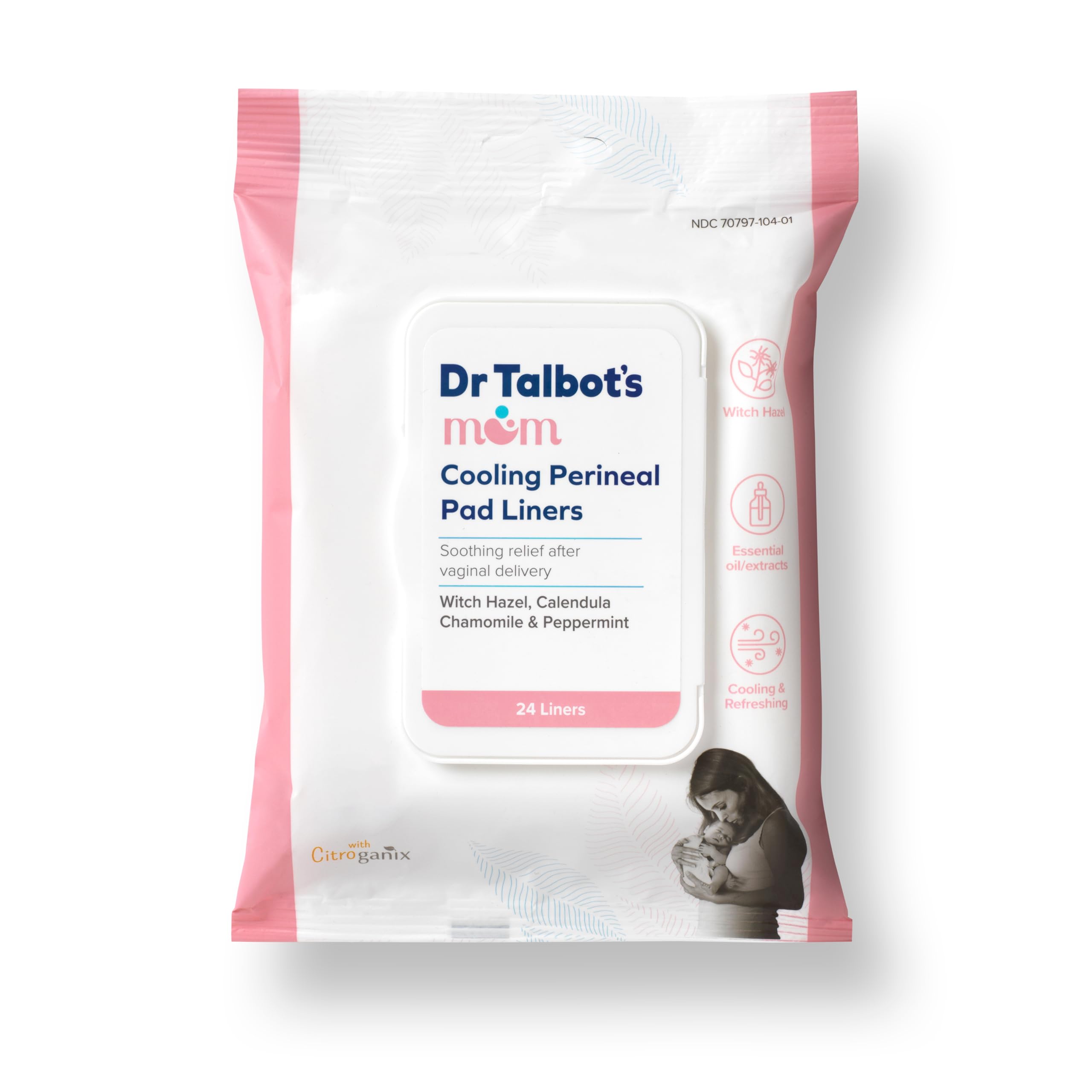 Dr. Talbot's Mom paquete frontal mostrando 24 protectores para alivio posparto