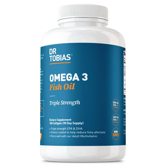 Dr. Tobias botella frontal que muestra fórmula triple strength y beneficios concentrados