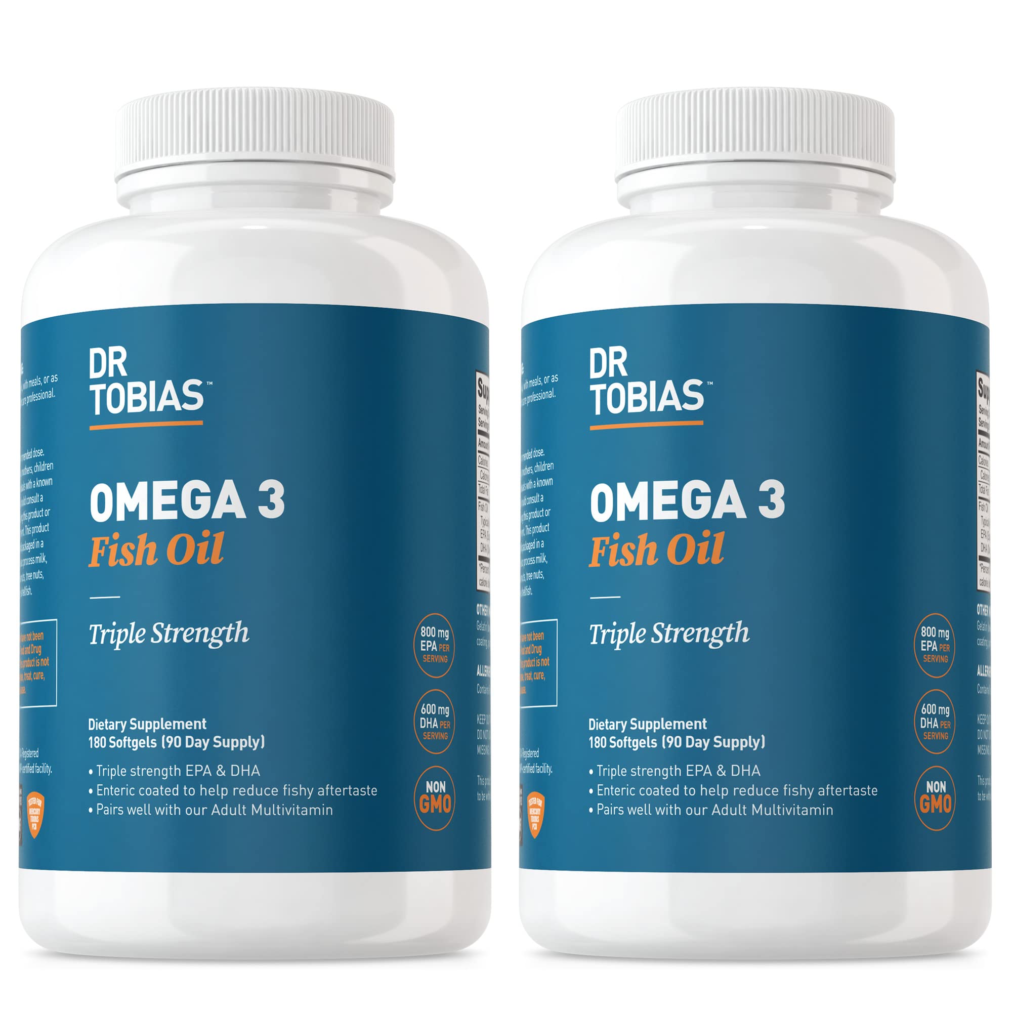 Dr. Tobias frente del envase mostrando cantidad y fuerza del omega-3