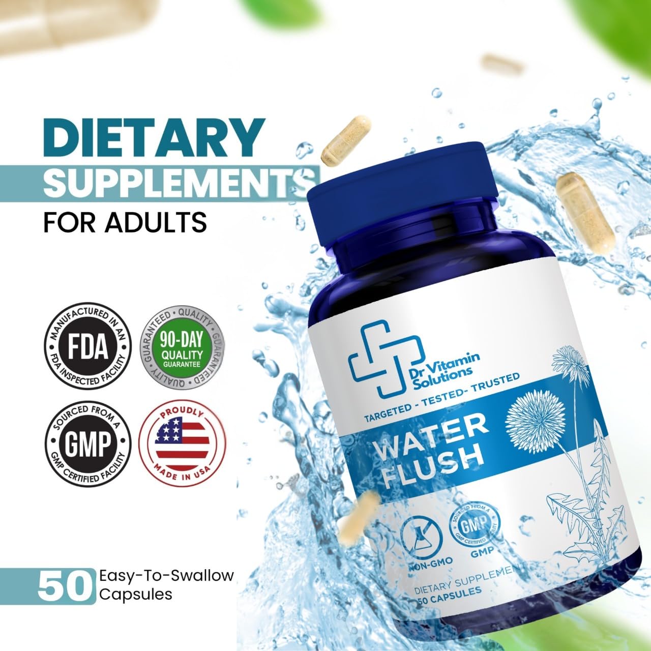DR VITAMIN SOLUTIONS botella y vaso con agua listos para la toma diaria