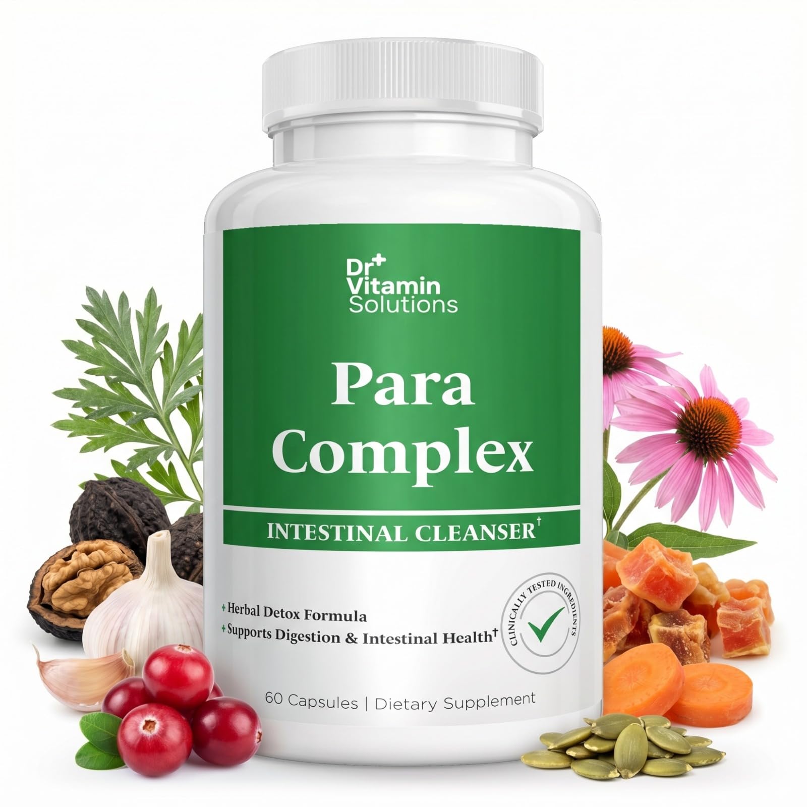 DR VITAMIN SOLUTIONS frasco frontal mostrando etiqueta y beneficio de apoyo digestivo