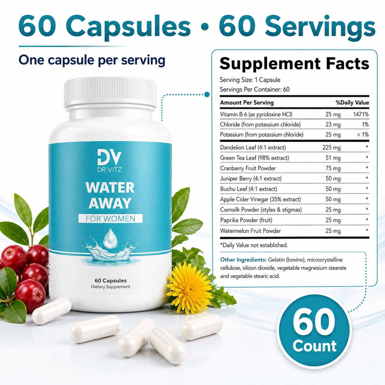 Dr Vitz etiqueta con ingredientes clave y beneficio de deshinchar