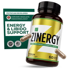 Dr. Zisman ZINERGY botella frontal mostrando diseño y dosis clara beneficio energía