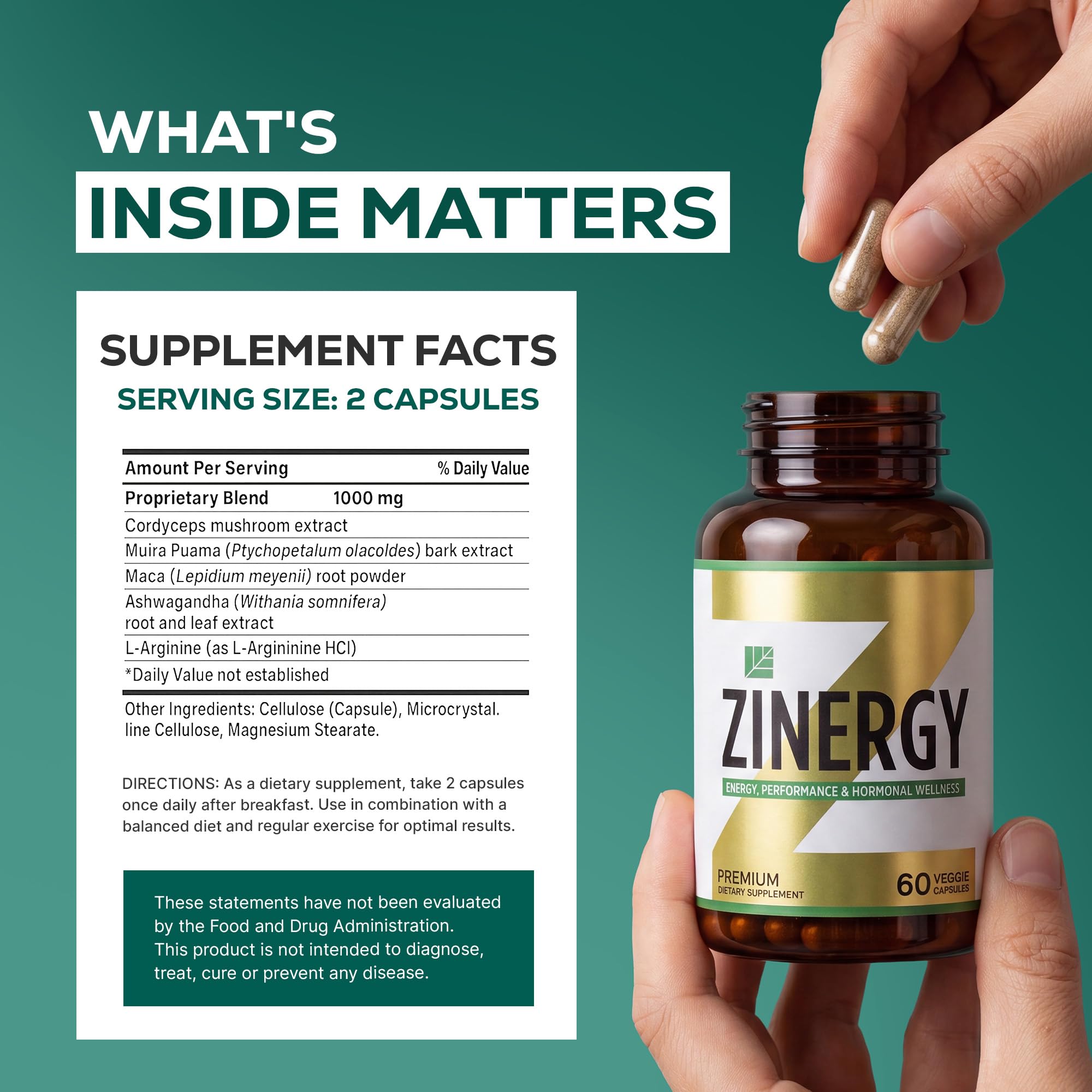 Dr. Zisman ZINERGY ingredientes naturales (maca, ashwagandha) mostrando origen vegetal