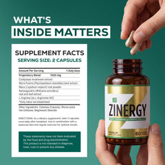 Dr. Zisman ZINERGY ingredientes naturales (maca, ashwagandha) mostrando origen vegetal