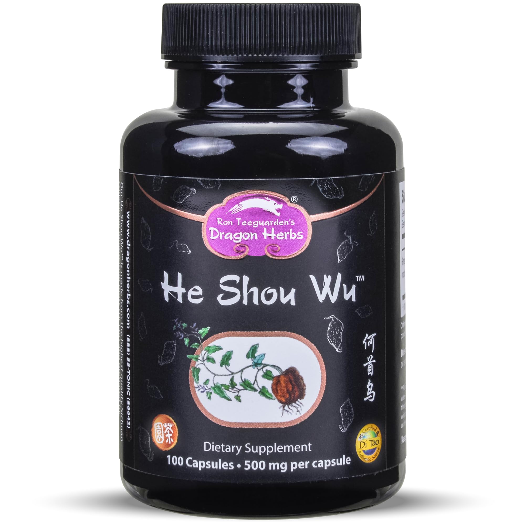 Dragon Herbs He Shou Wu vista frontal, envase claro y dosis precisa