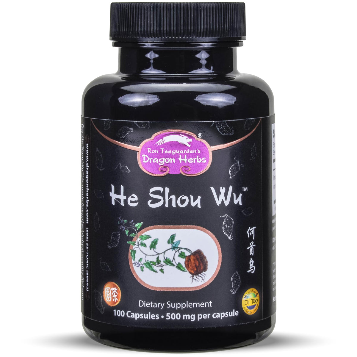 Dragon Herbs He Shou Wu vista frontal, envase claro y dosis precisa