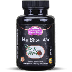 Dragon Herbs He Shou Wu vista frontal, envase claro y dosis precisa