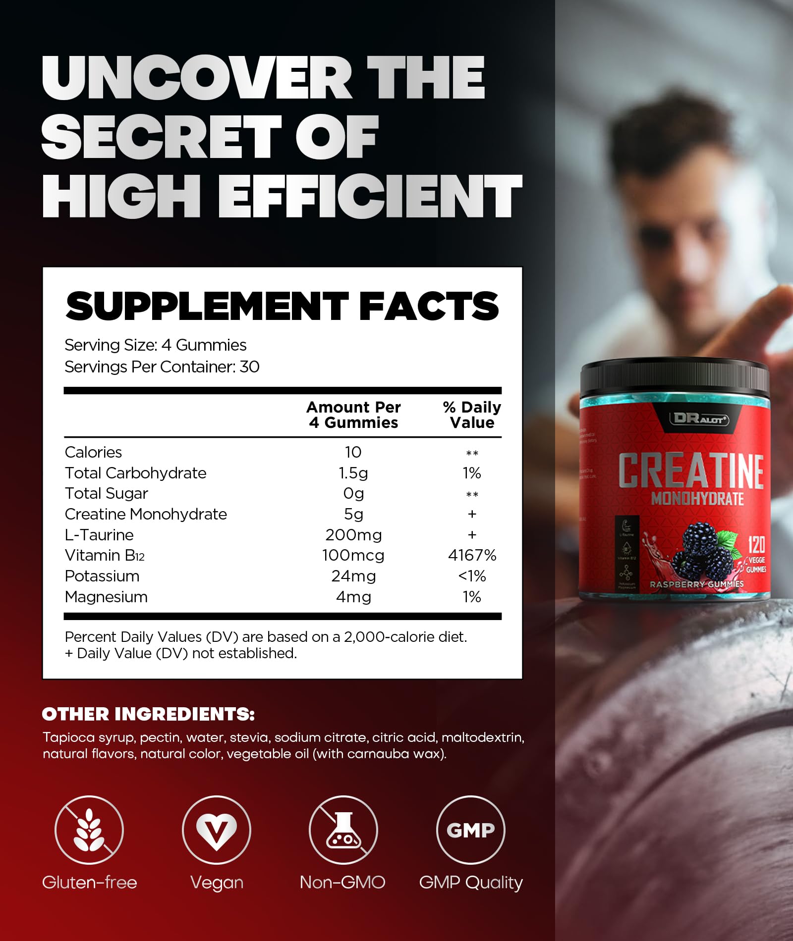 Primer plano de la etiqueta Dralot Nutrition con lista de creatina y cofactores