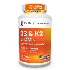 Dr. Berg envase frontal D3 K2 mostrando dosis alta y 120 cápsulas beneficios prácticos