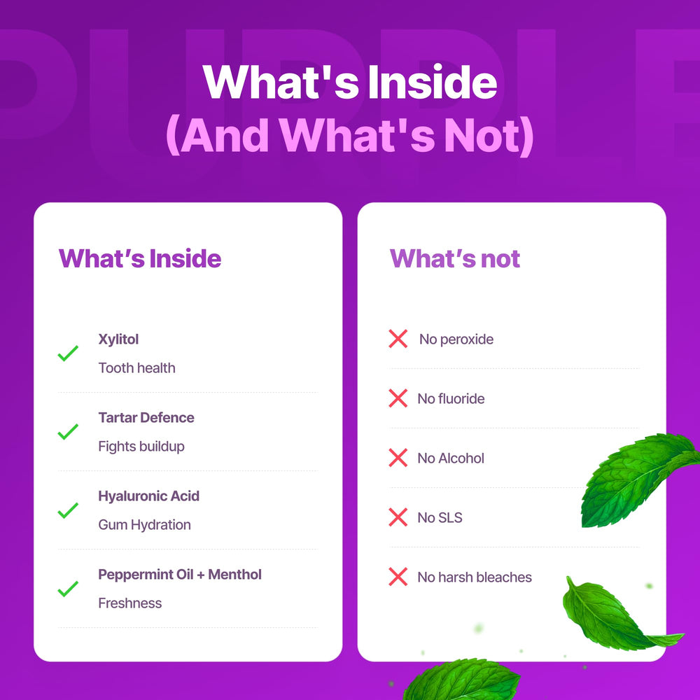 Comparación antes y después con DrDent enjuague morado mostrando corrección óptica