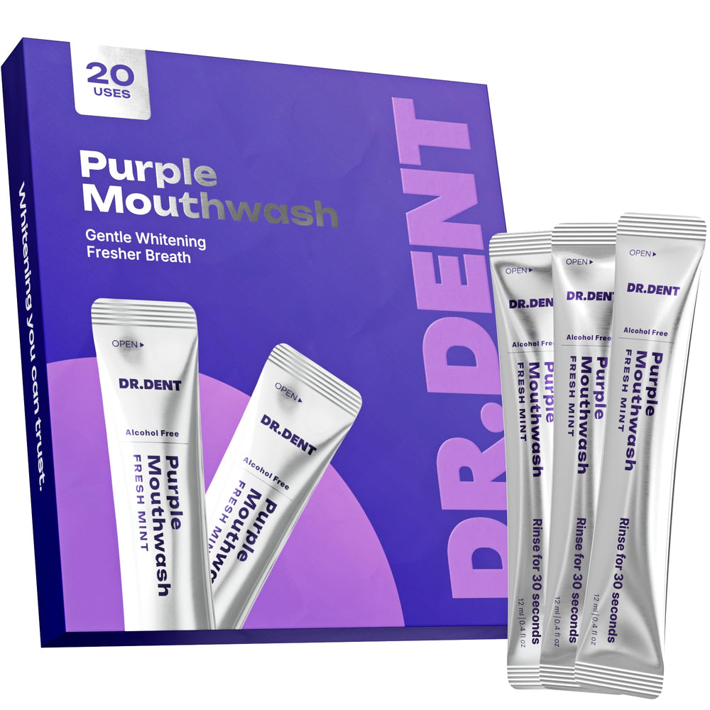 DrDent caja frontal con 20 sobres morados, práctico y portátil para sonrisa más brillante