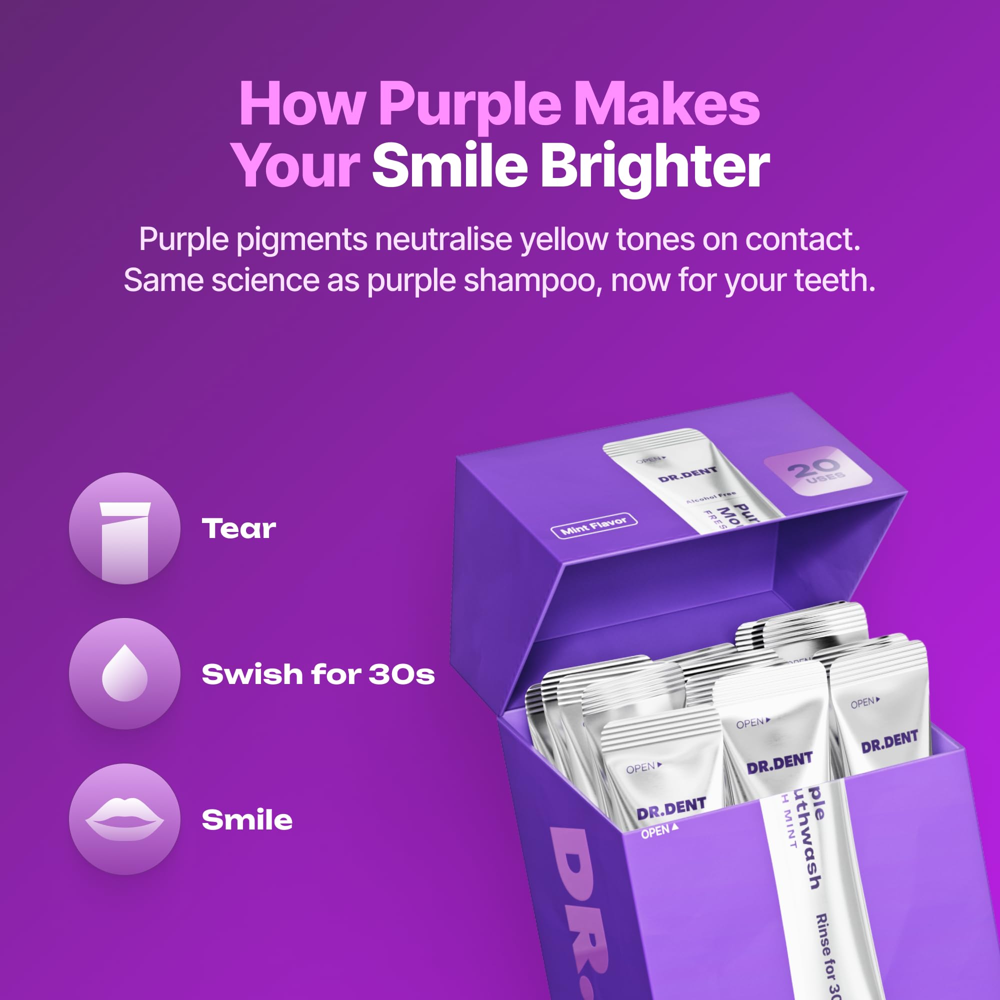 Persona enjuagando con DrDent enjuague morado, refresco y aspecto dental inmediato