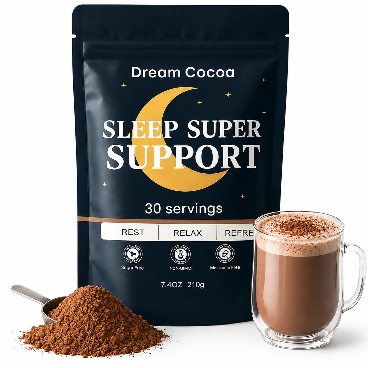Dream Cocoa empaque frontal mostrando 30 porciones y beneficios relajantes