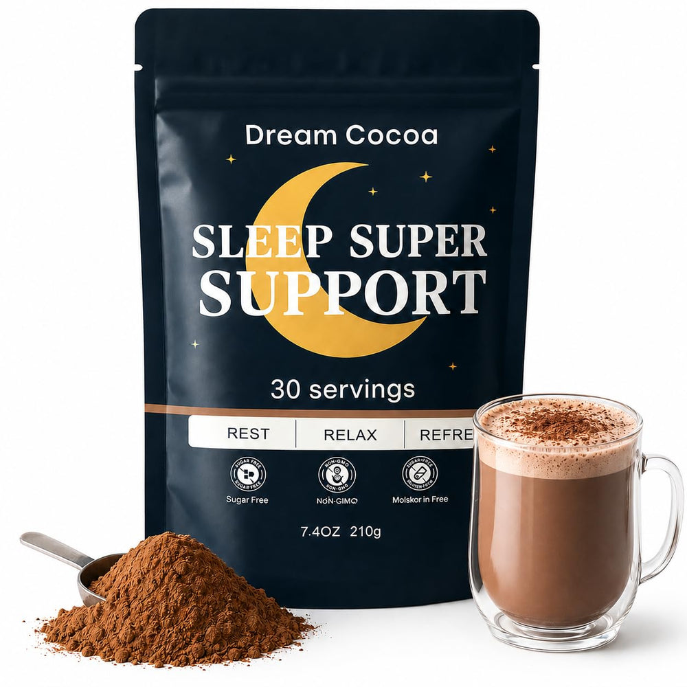 Dream Cocoa empaque frontal mostrando 30 porciones y beneficios relajantes