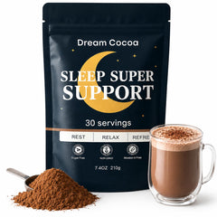 Dream Cocoa empaque frontal mostrando 30 porciones y beneficios relajantes