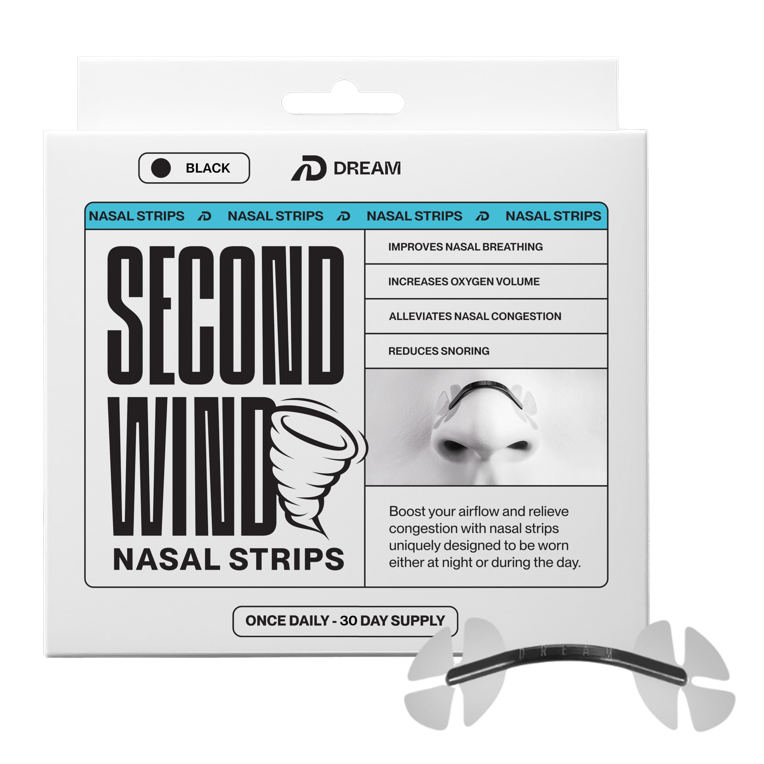 Dream Recovery frontal del paquete negro mostrando 30 tiras y beneficio respiratorio