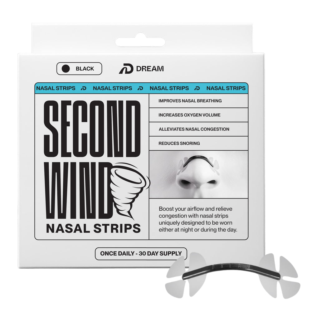 Dream Recovery frontal del paquete negro mostrando 30 tiras y beneficio respiratorio