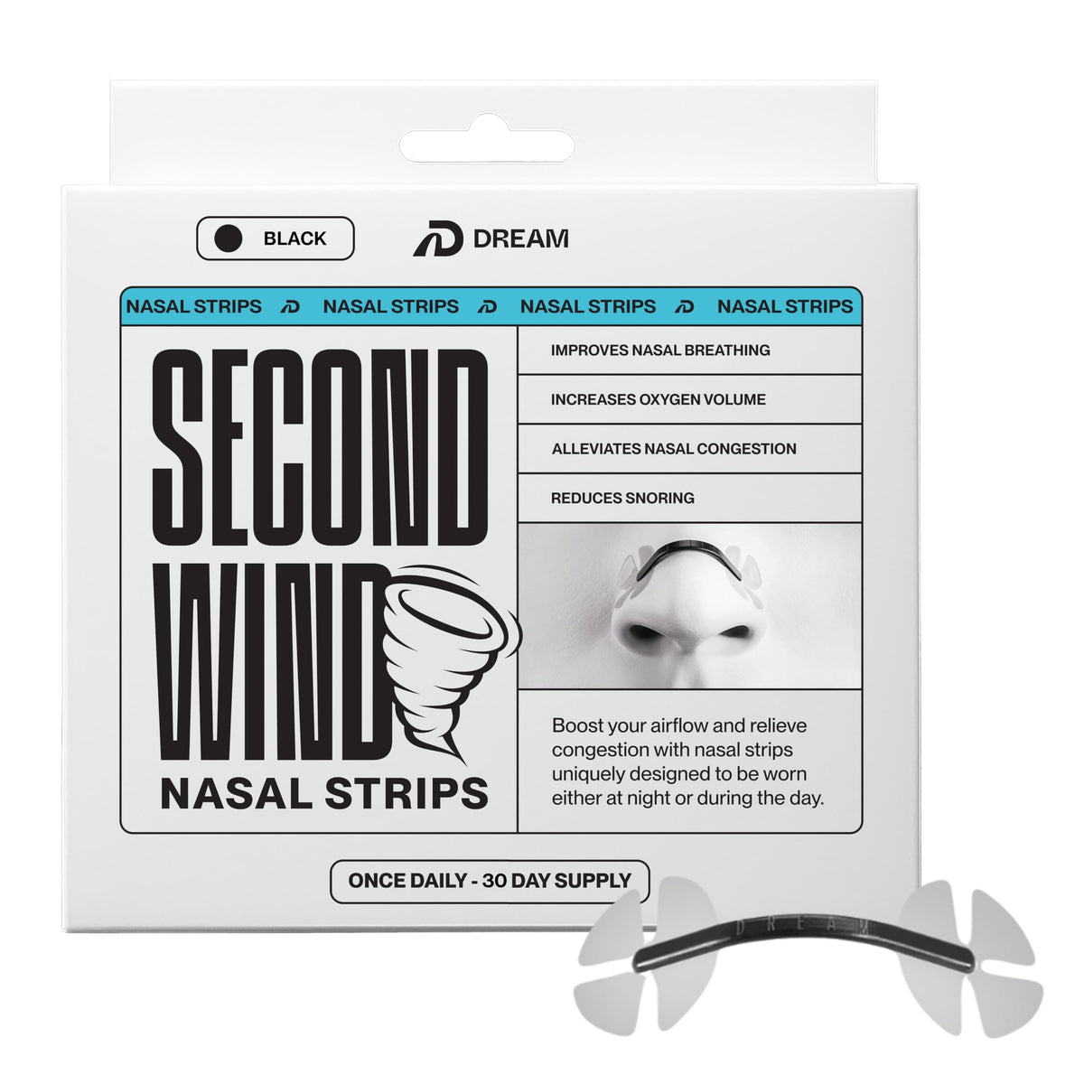 Dream Recovery frontal del paquete negro mostrando 30 tiras y beneficio respiratorio