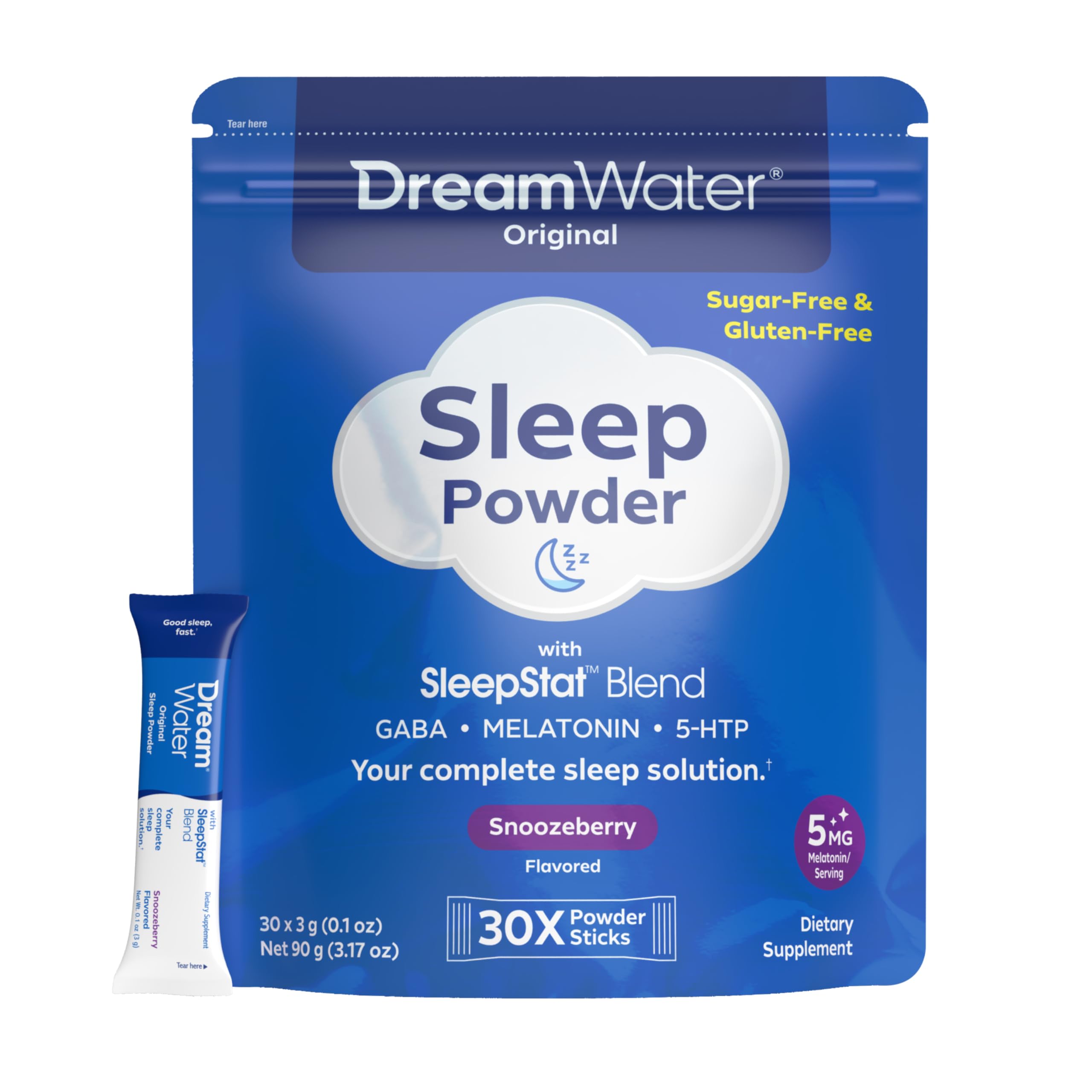 Dream Water frente del empaque mostrando sabor Snoozeberry y beneficio descanso rápido