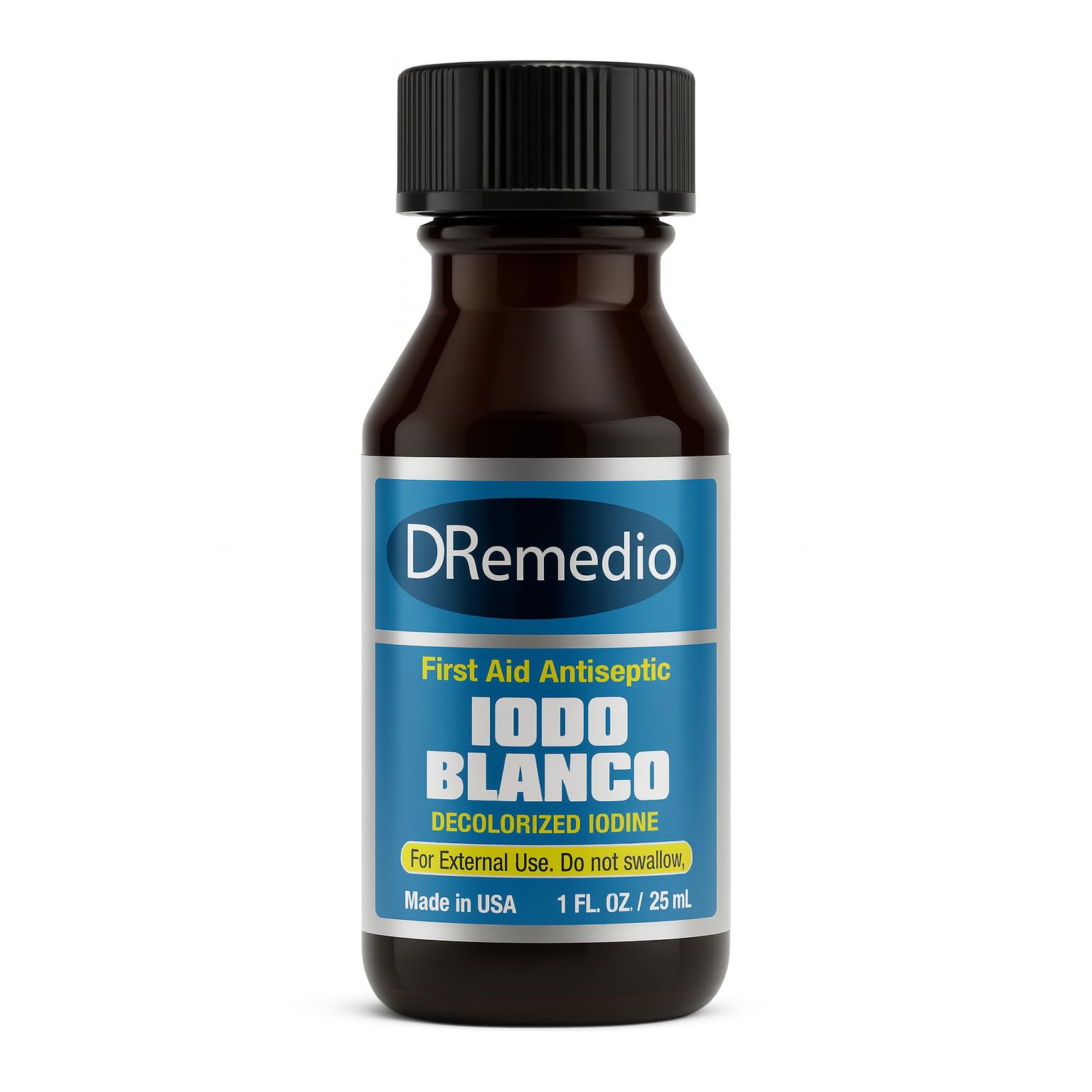 DRemedio botella frontal con etiqueta clara y diseño práctico para identificación rápida