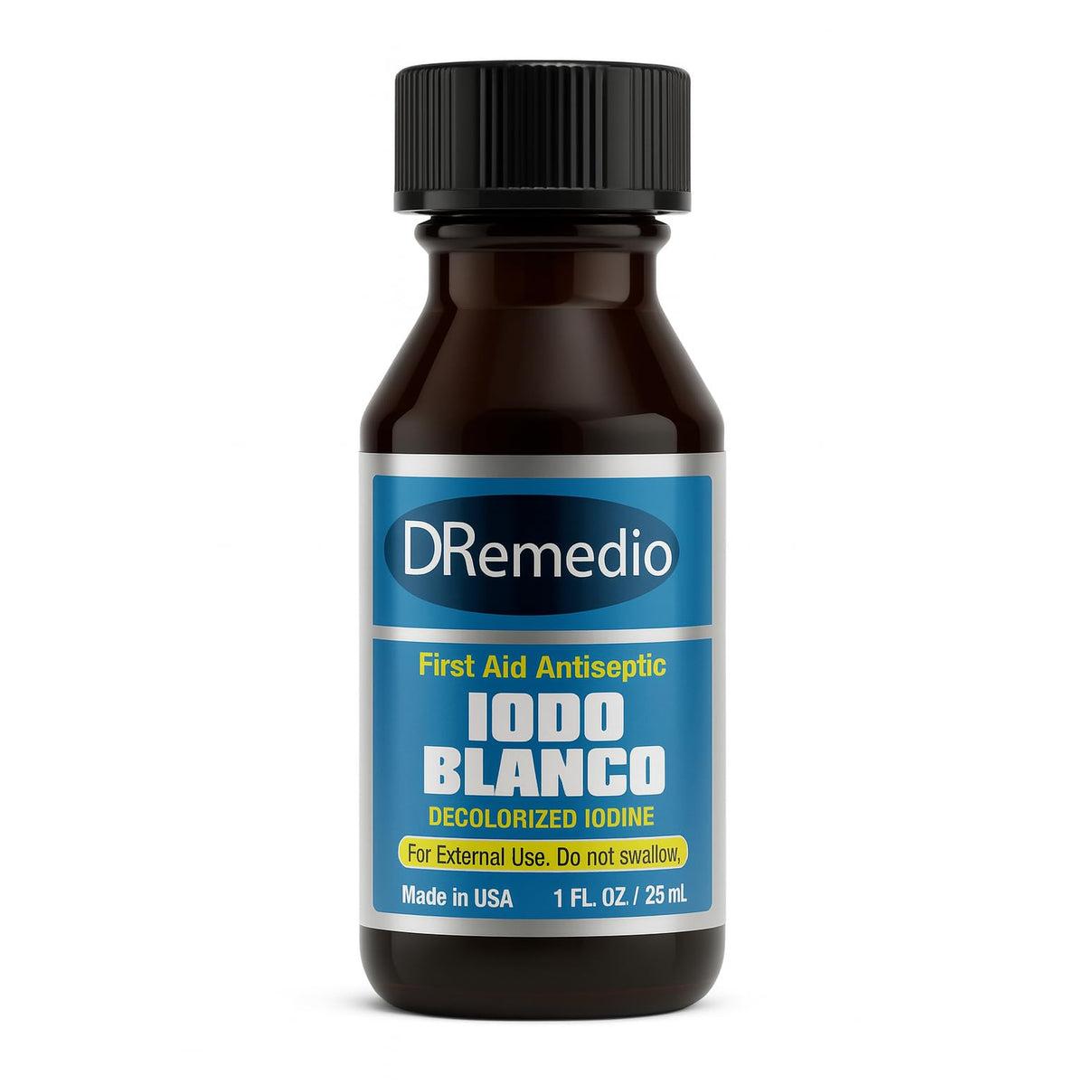 DRemedio botella frontal con etiqueta clara y diseño práctico para identificación rápida