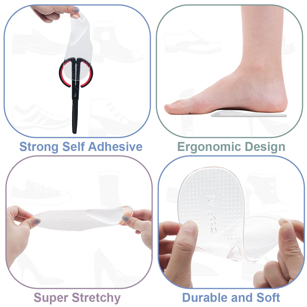 Dr Foot personas de pie usando los insertos para mayor comodidad