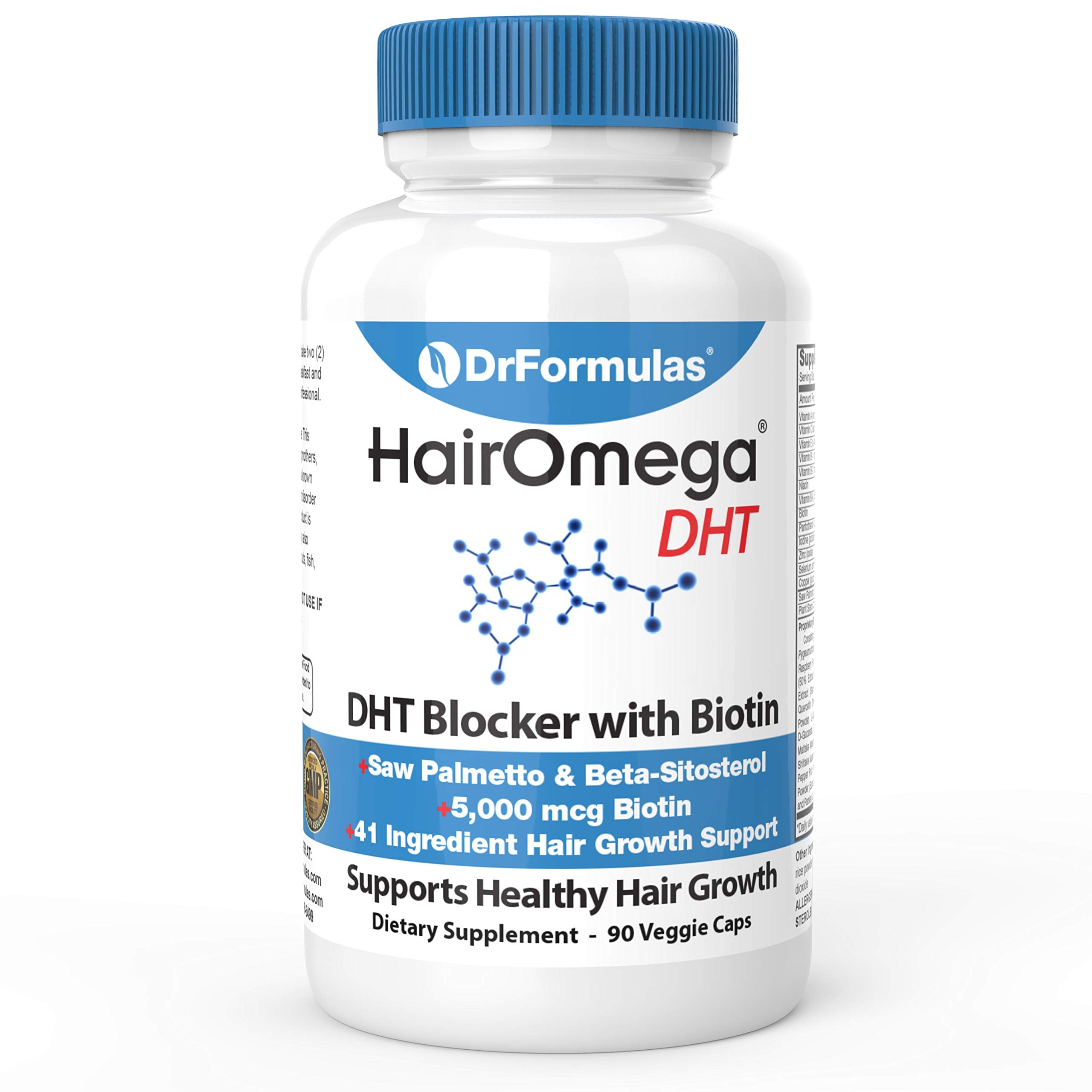 DrFormulas frasco HairOmega frente mostrando etiqueta y ventaja fortalecedora